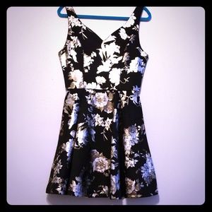 Francesca's Black Satin with Gold Flowers Dress